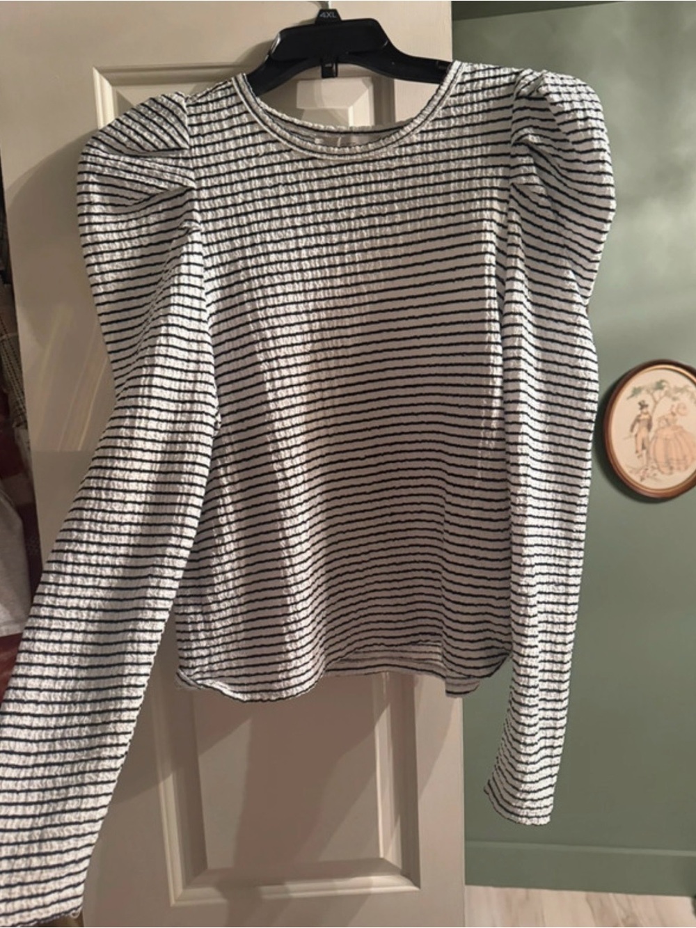 LOFT Black & White Striped Puff-Sleeve Long Sleeve Top